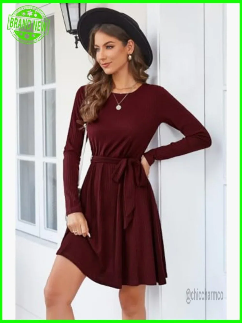 Long Sleeve Knit Sweater Dress with Pockets, Belted Waist, Work Casual - Picture 5 of 7